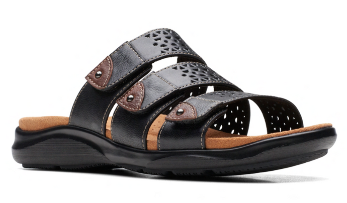 Clarks Wmns Kitly Walk 3 Strap Slip On Sandal Black Leather